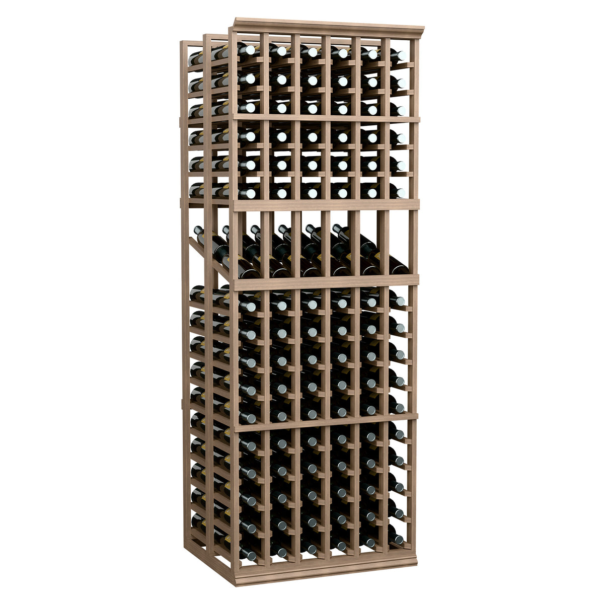 Tall wine display rack with 6 columns and double-deep storage for bottles