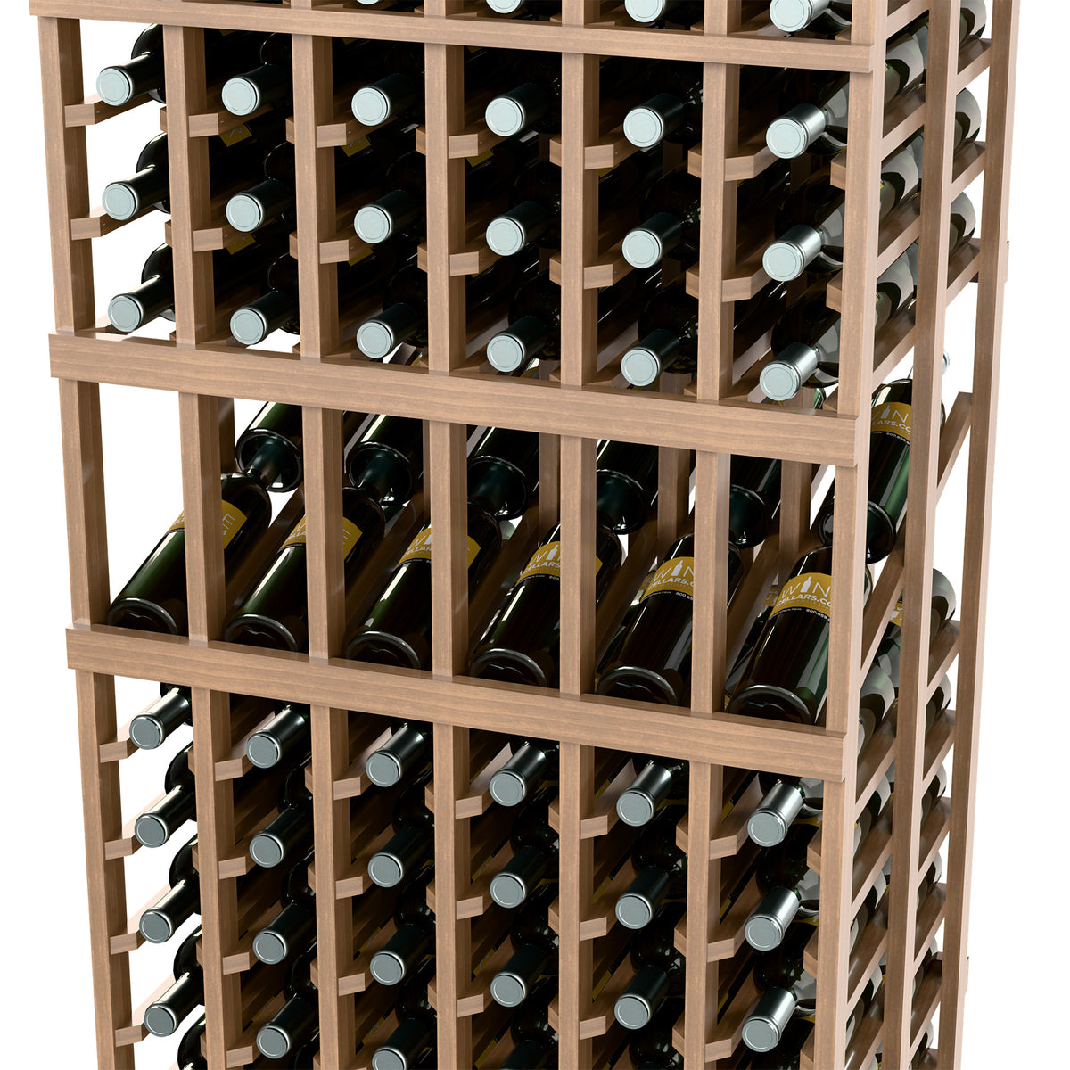 Wood wine display rack detail with double-deep bottle storage in 6 columns