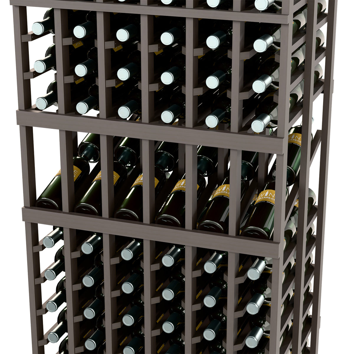 Dark wood wine display rack close-up with double-deep rows and 6 columns