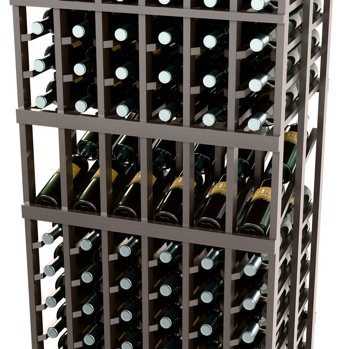 Dark wine display rack showing double-deep bottle bays and 6 column grid