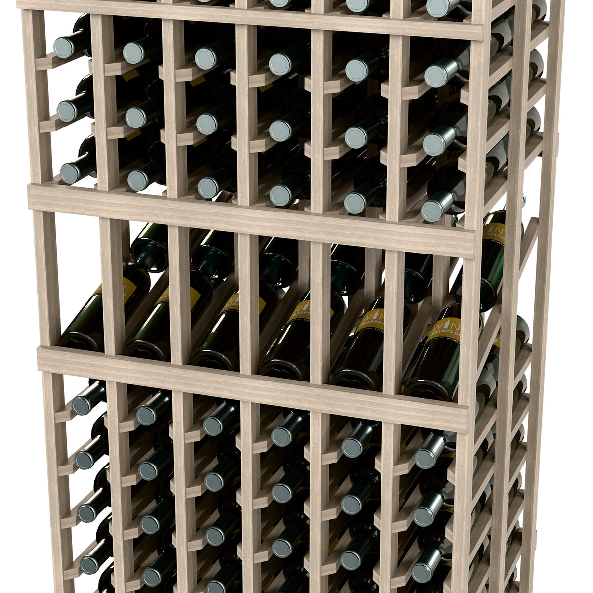 Wine bottle display rack, front view with grid compartments holding upright bottles.