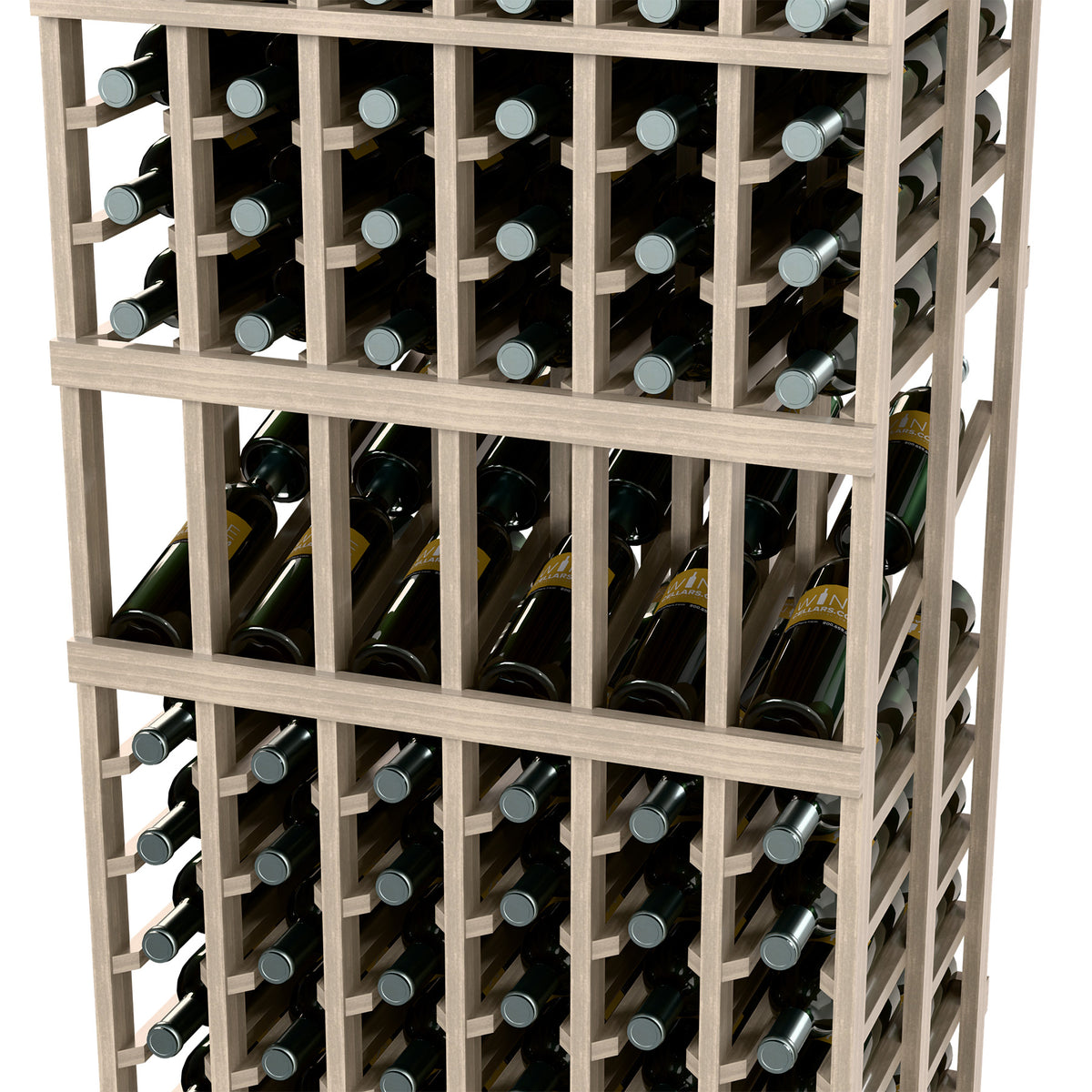 Wine bottle display rack, grid shelves showing multiple rows of upright bottles.