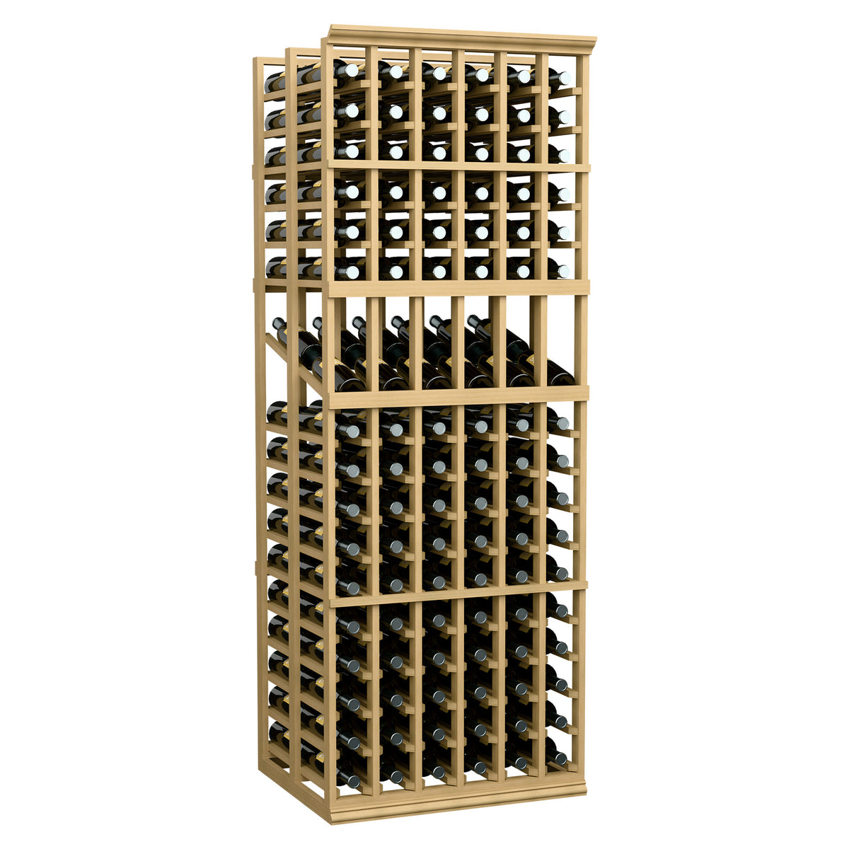 Wine bottle display rack with double-deep design and 6 columns, light wood frame.