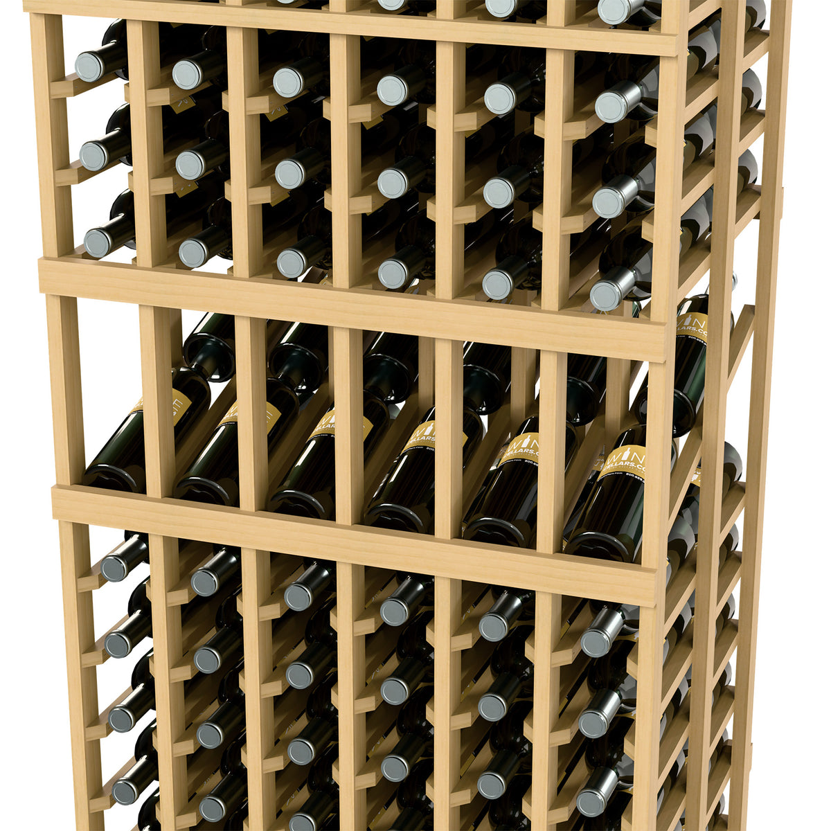 Wine bottle display rack with open grid slots, upright bottles arranged in rows.