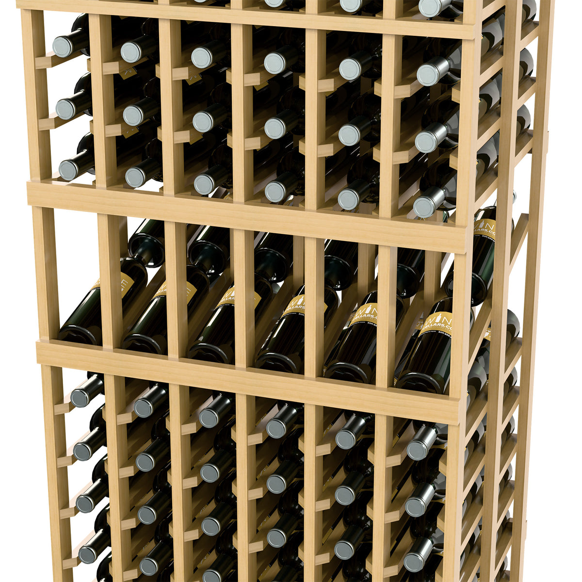 Wine bottle display rack, side compartments with upright bottles and grid dividers.
