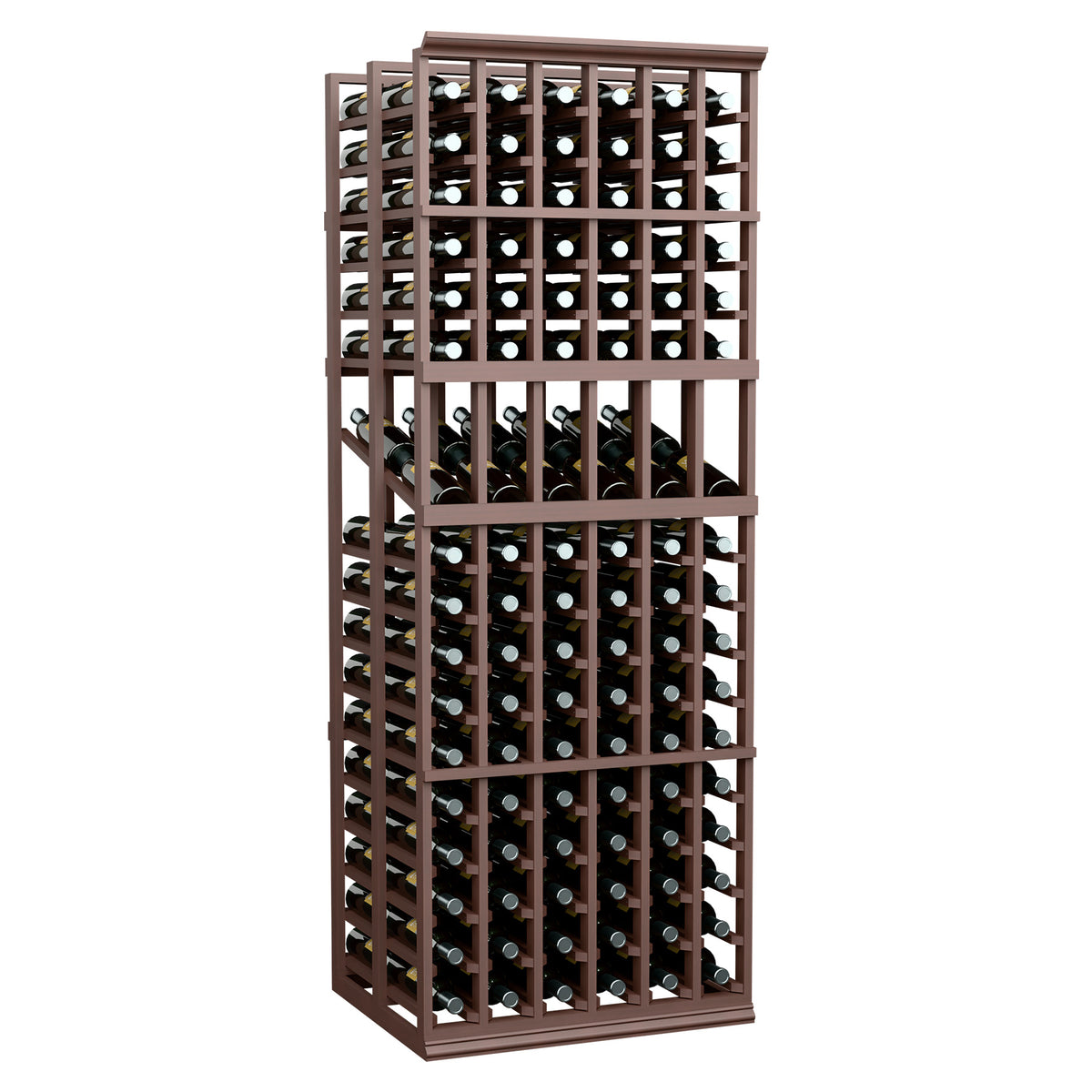 Wine bottle display rack with double-deep 6ft storage, dark frame and grid compartments.