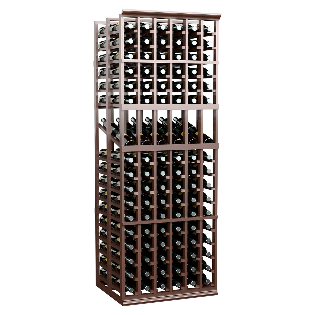Dark wood 6-column wine display rack with two deep bottle rows and glass bottle necks