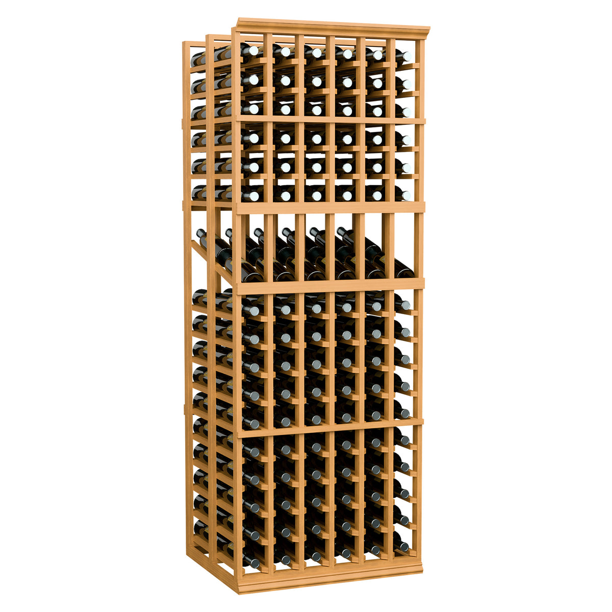 Light wood 6-column wine display rack with two deep bottle rows and capped necks