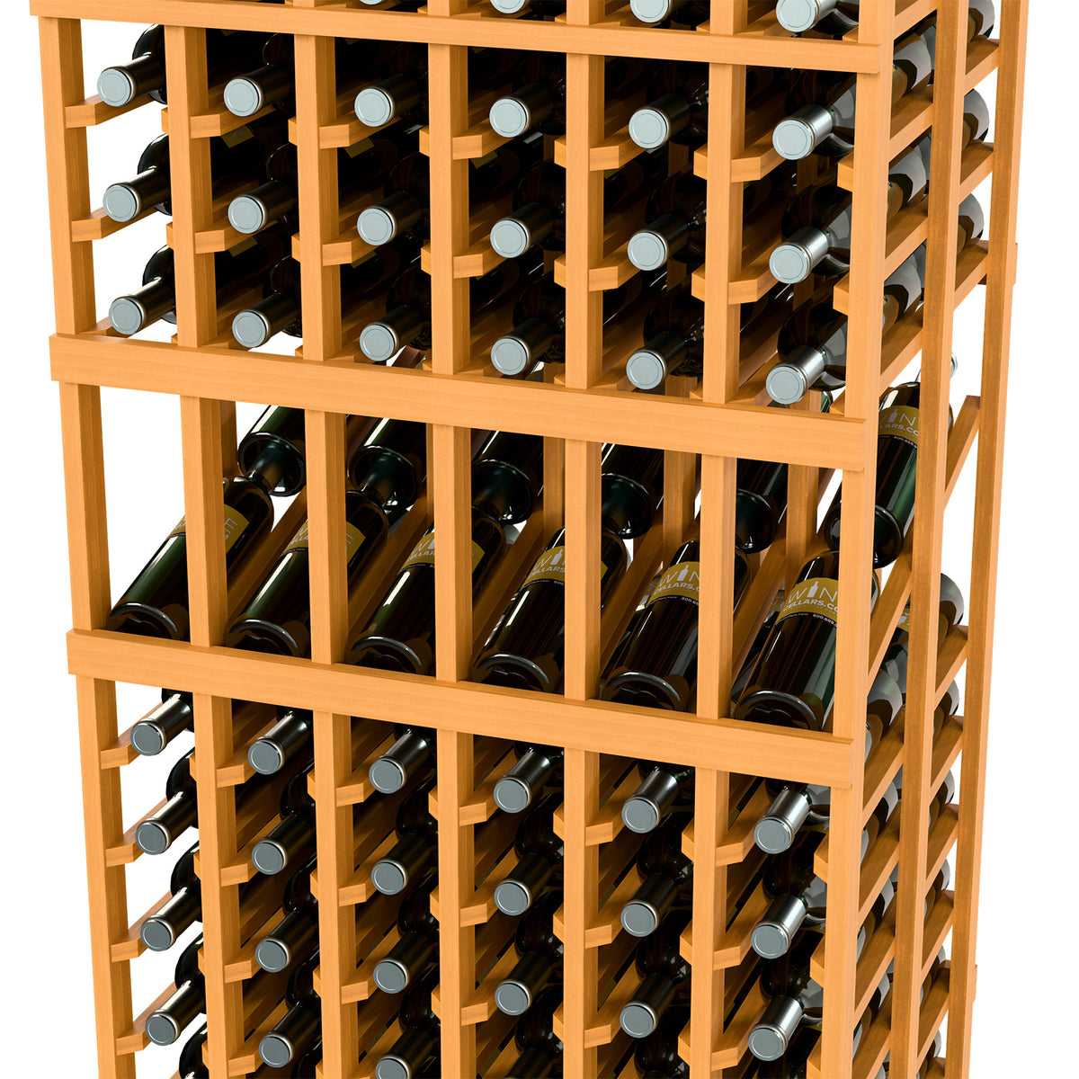 Light wood wine display rack detail with rows of bottles and crossbar supports