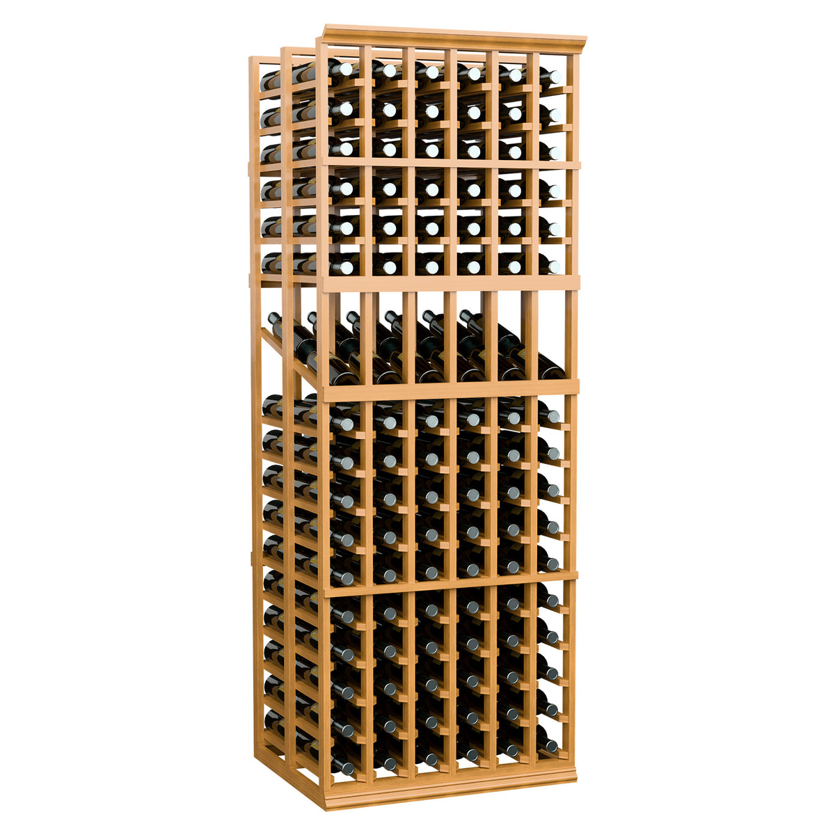 Light wood 6-column wine display rack with two deep bottle rows and visible bottle necks