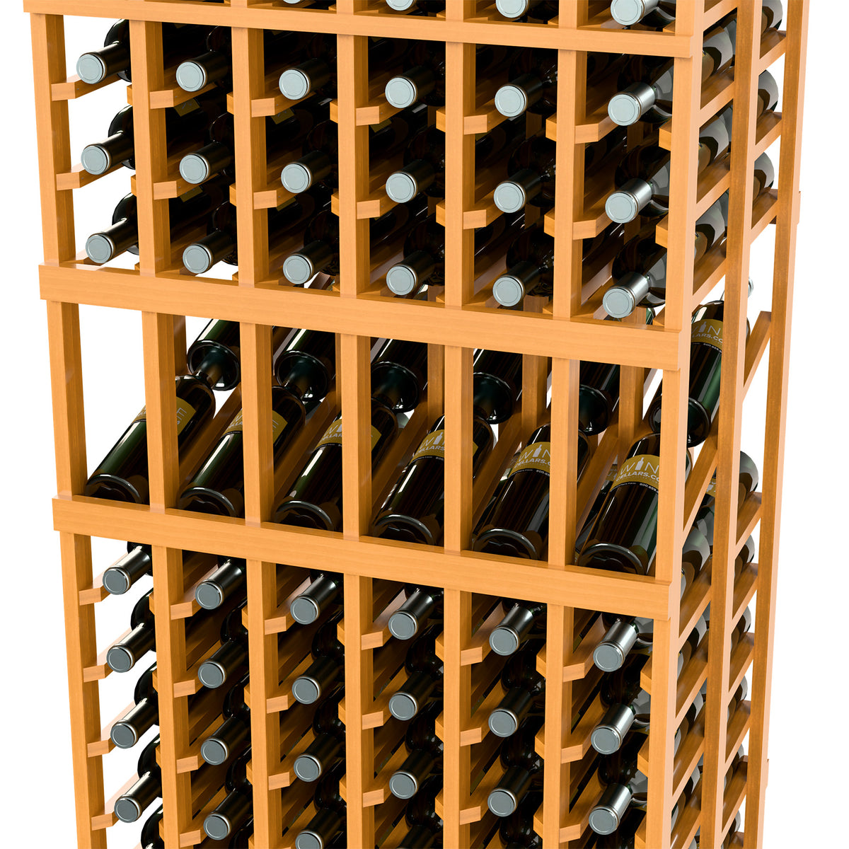 Light wood wine display rack corner view with open frame and bottle slots