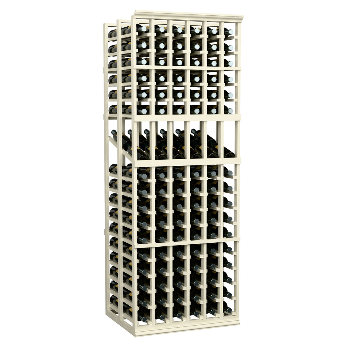 Whitewashed wood 6-column wine display rack with two deep bottle rows and bottle necks