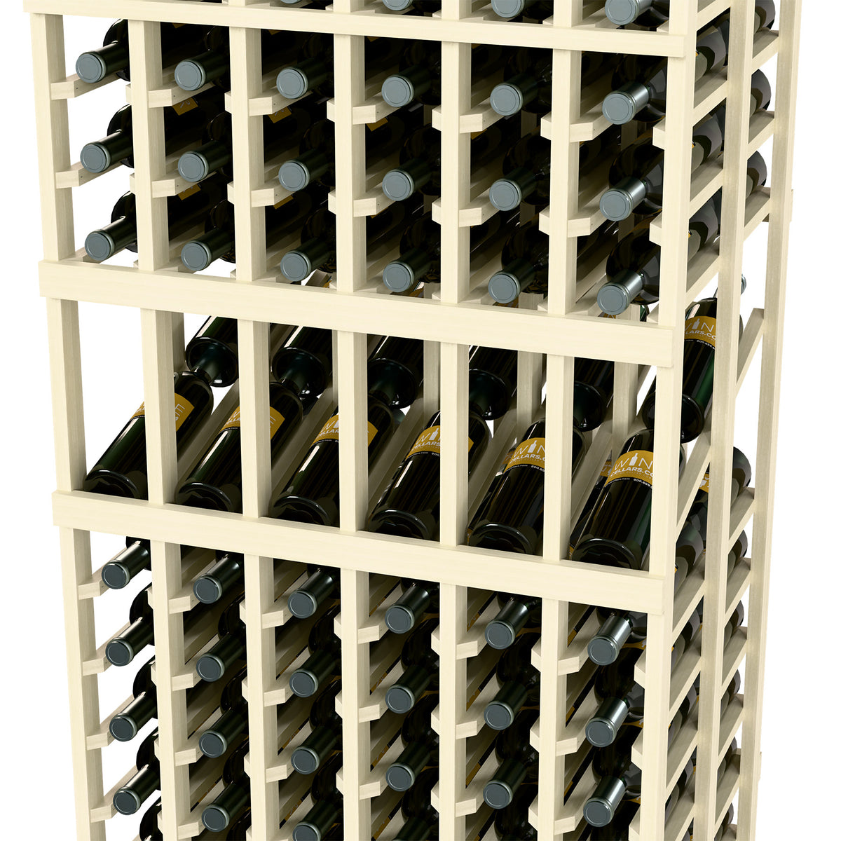 Whitewashed wood wine display rack close-up showing bottle slots and metal caps