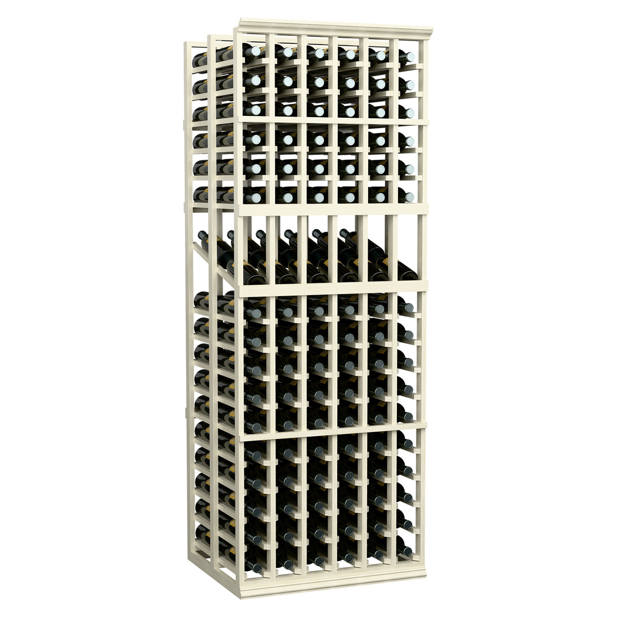 Whitewashed wood 6-column wine display rack with two deep rows of bottles in frames