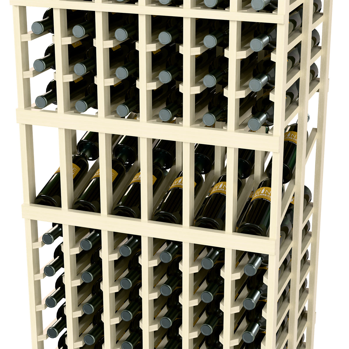 Whitewashed wood wine display rack detail with multiple bottle rows behind front bars