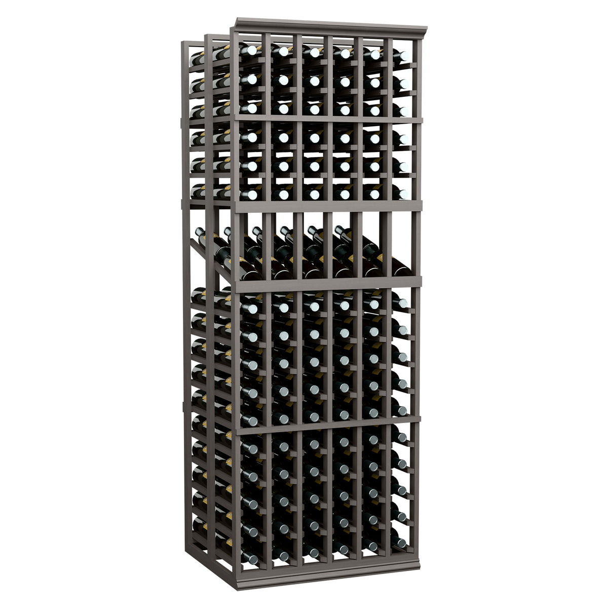 6-column double deep wine display rack with dark frame and bottle grid