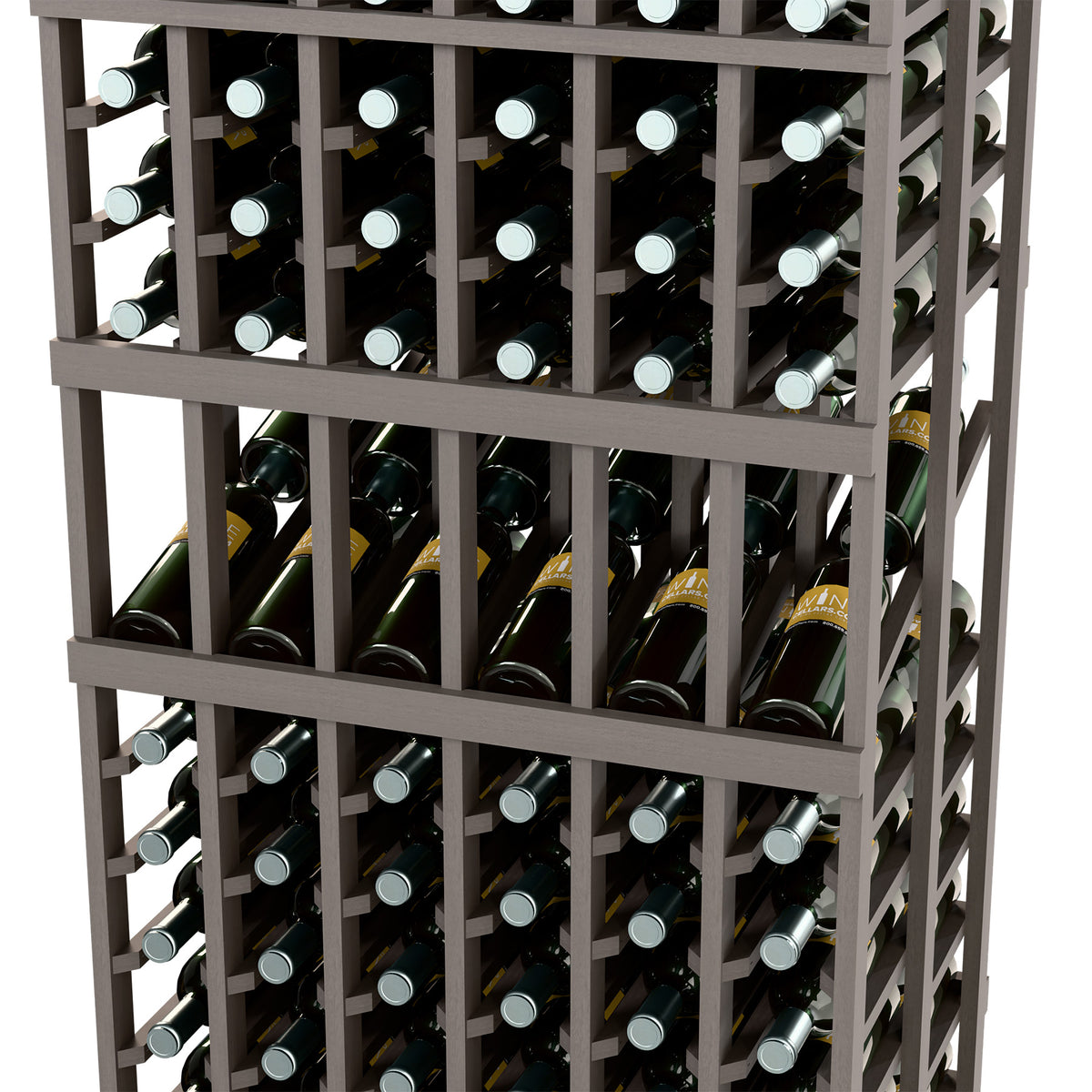 Wine display rack close-up with dark frame storing bottles in angled rows