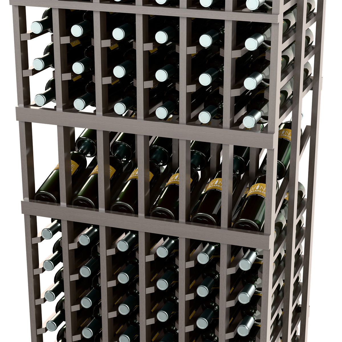 Wine display rack close-up showing angled bottle storage behind dark grid