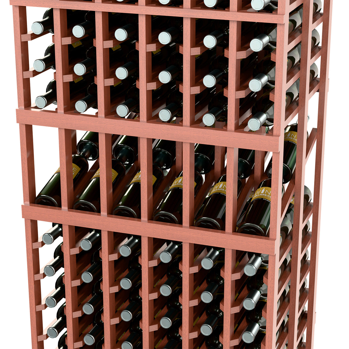 Wine display rack close-up with reddish-brown frame and bottles in angled slots