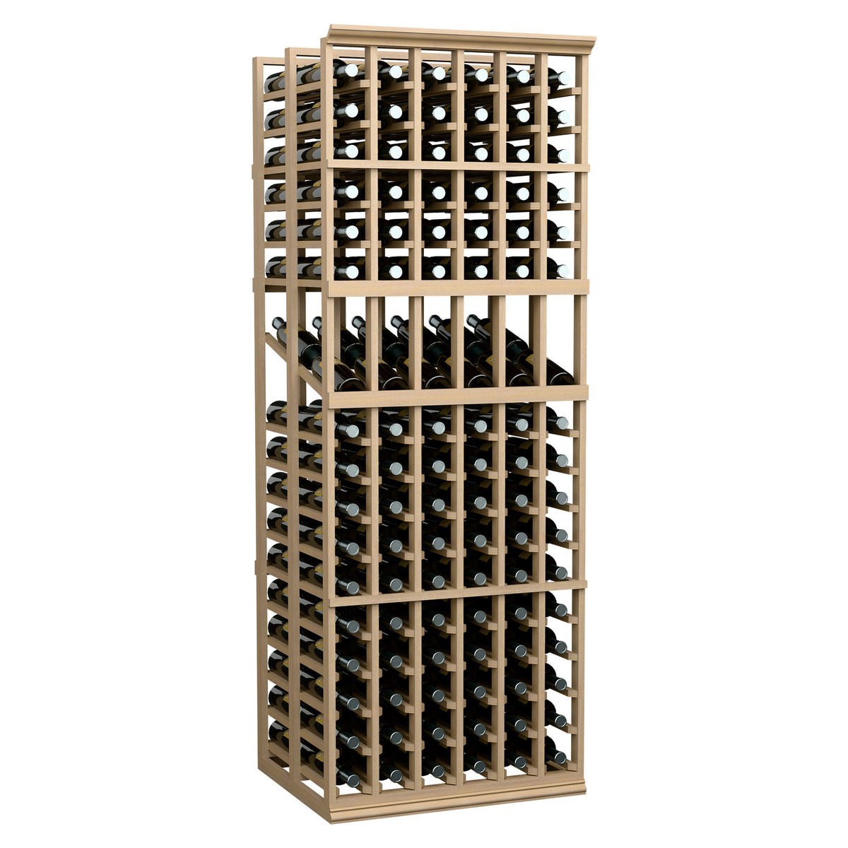 6-column double deep wine display rack with light wood frame and bottle grid