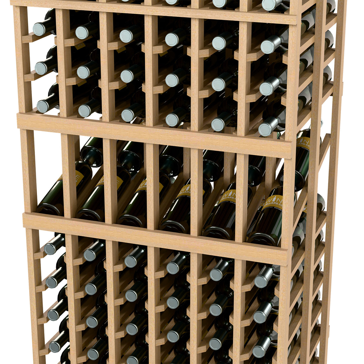 Wine display rack close-up with light wood frame showing bottles in rows