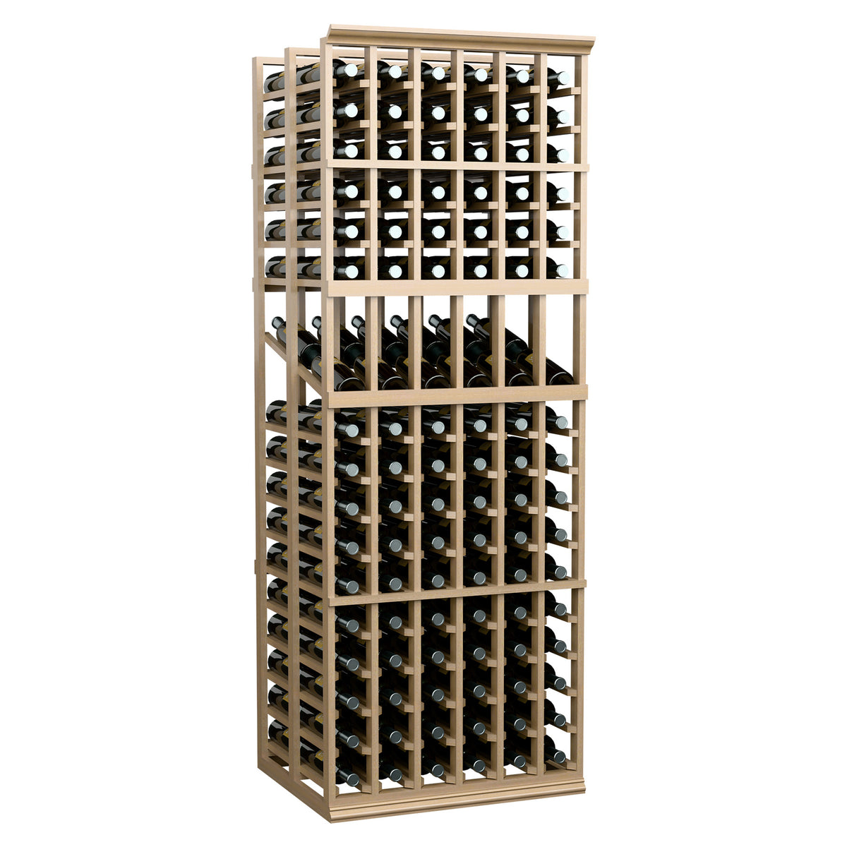 6-column double deep wine bottle display rack with open grid shelves, light wood frame