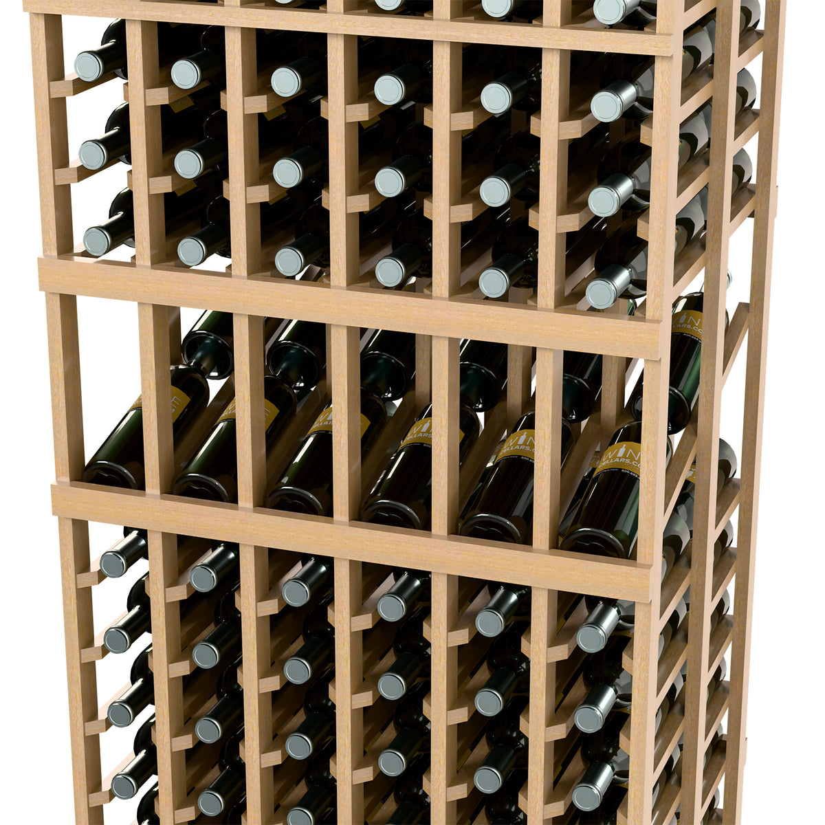 Wine bottle display rack with front-open grid rows and bottle necks showing, light wood
