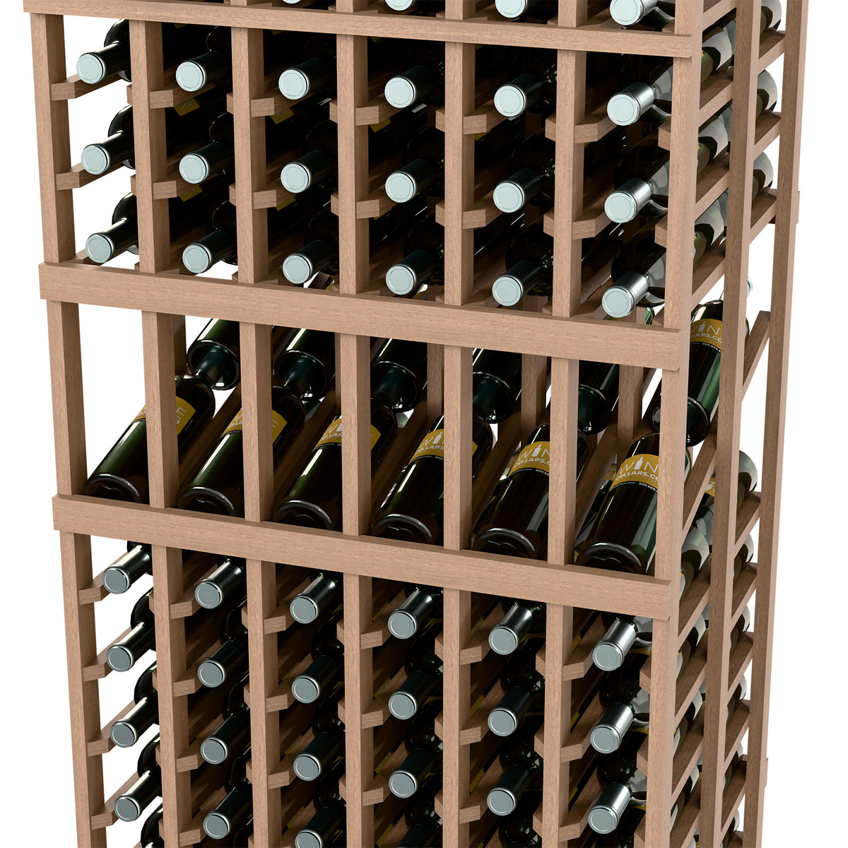 Close-up of wine bottle display rack with grid shelves and bottle necks, light wood frame