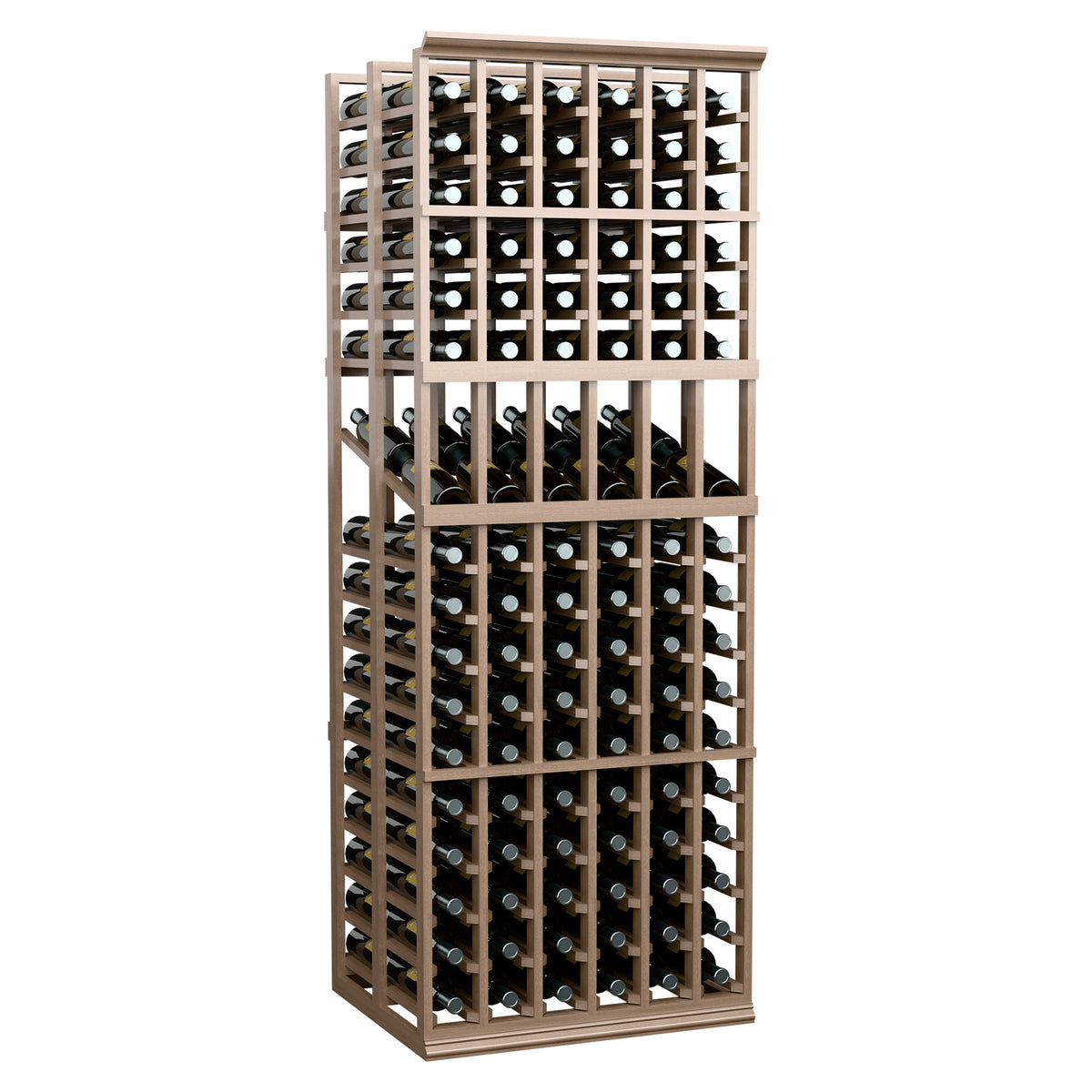 Freestanding 6-column double deep wine bottle rack with open lattice frame, light wood