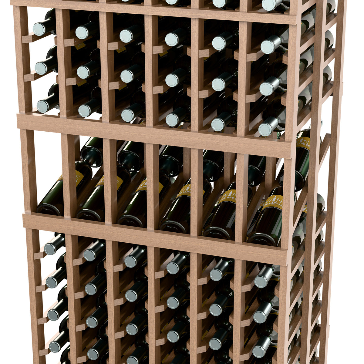 Wine bottle display rack showing multiple bottle rows in a light wood grid