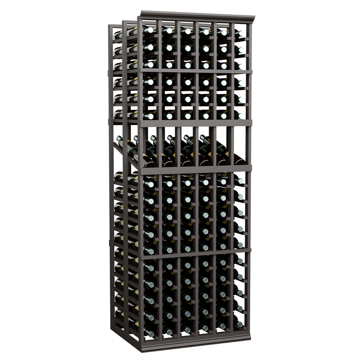 6-column double deep wine bottle display rack with open grid shelves, dark wood frame
