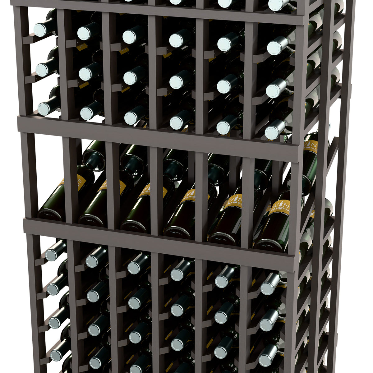 Wine bottle display rack with front grid rows and bottle necks visible, dark wood