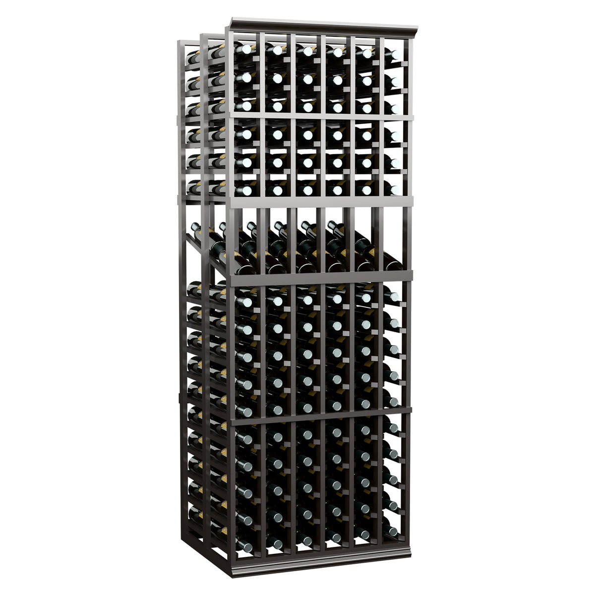 Freestanding 6-column double deep wine rack holding bottles in a dark wood grid