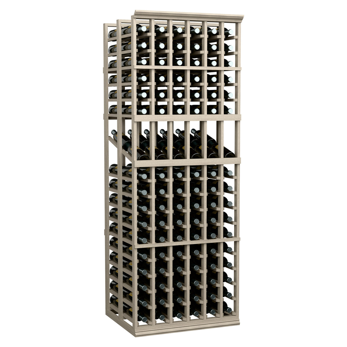 6-column double-deep wine display rack, front view, dark bottle storage with wire-grid shelves