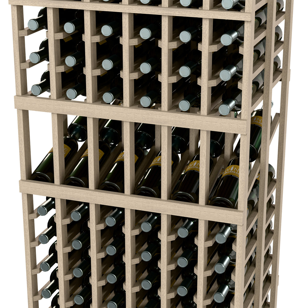 6-column double-deep wine rack, close-up of bottle slots with metal neck supports