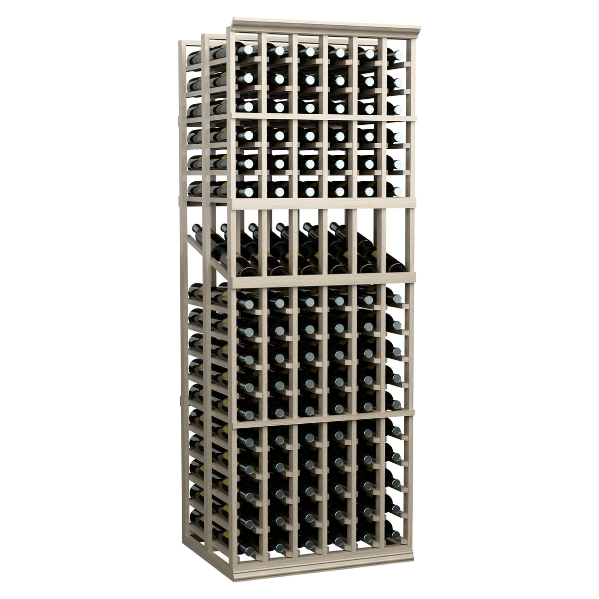 6-column double-deep wine display rack, front view with rows of bottles and caps