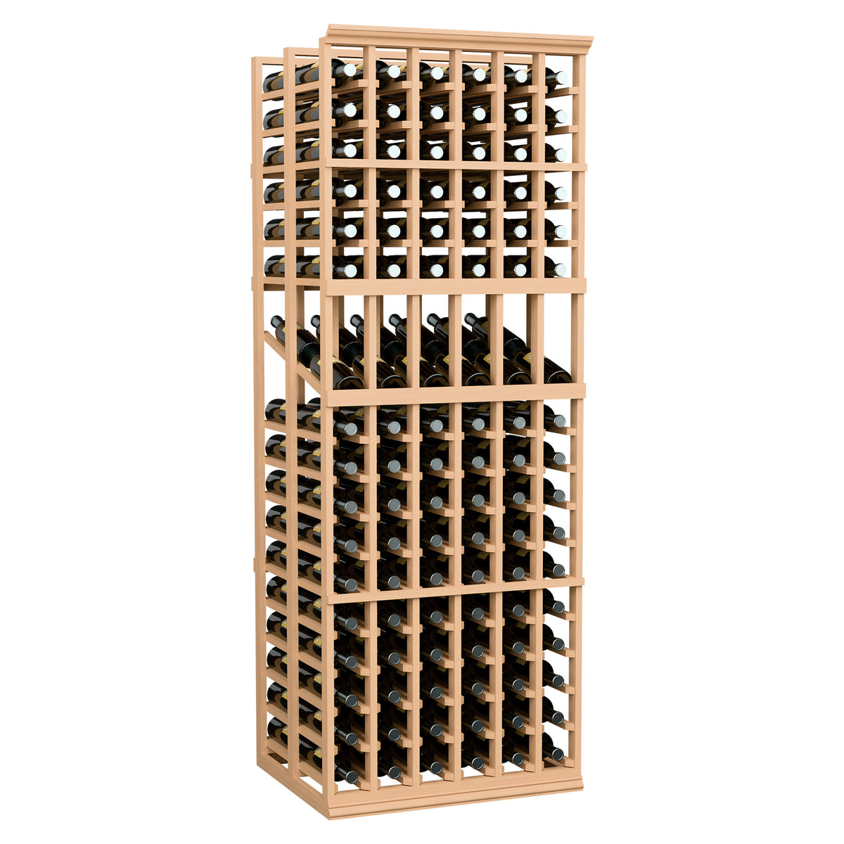 6-column double-deep wine display rack, light wood frame with bottle rows front view