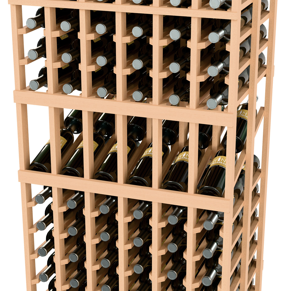 6-column double-deep wine rack, close-up of bottle slots in light wood frame
