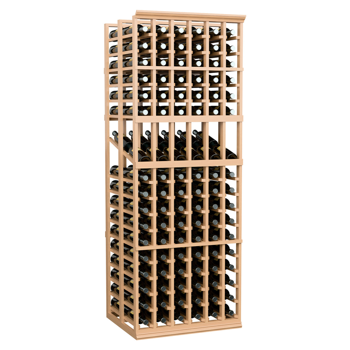 6-column double-deep wine display rack, light wood frame with bottle rows and grid spacing