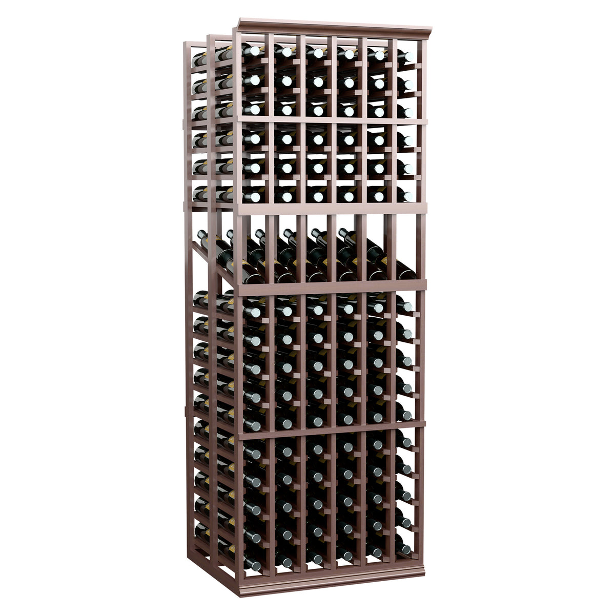 6-column double deep wine display rack with open grid holding bottles, dark wood
