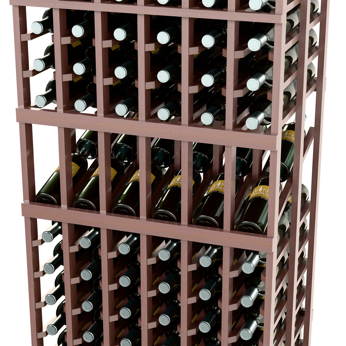 Wine display rack front close-up with cubby rows and bottle necks, dark wood
