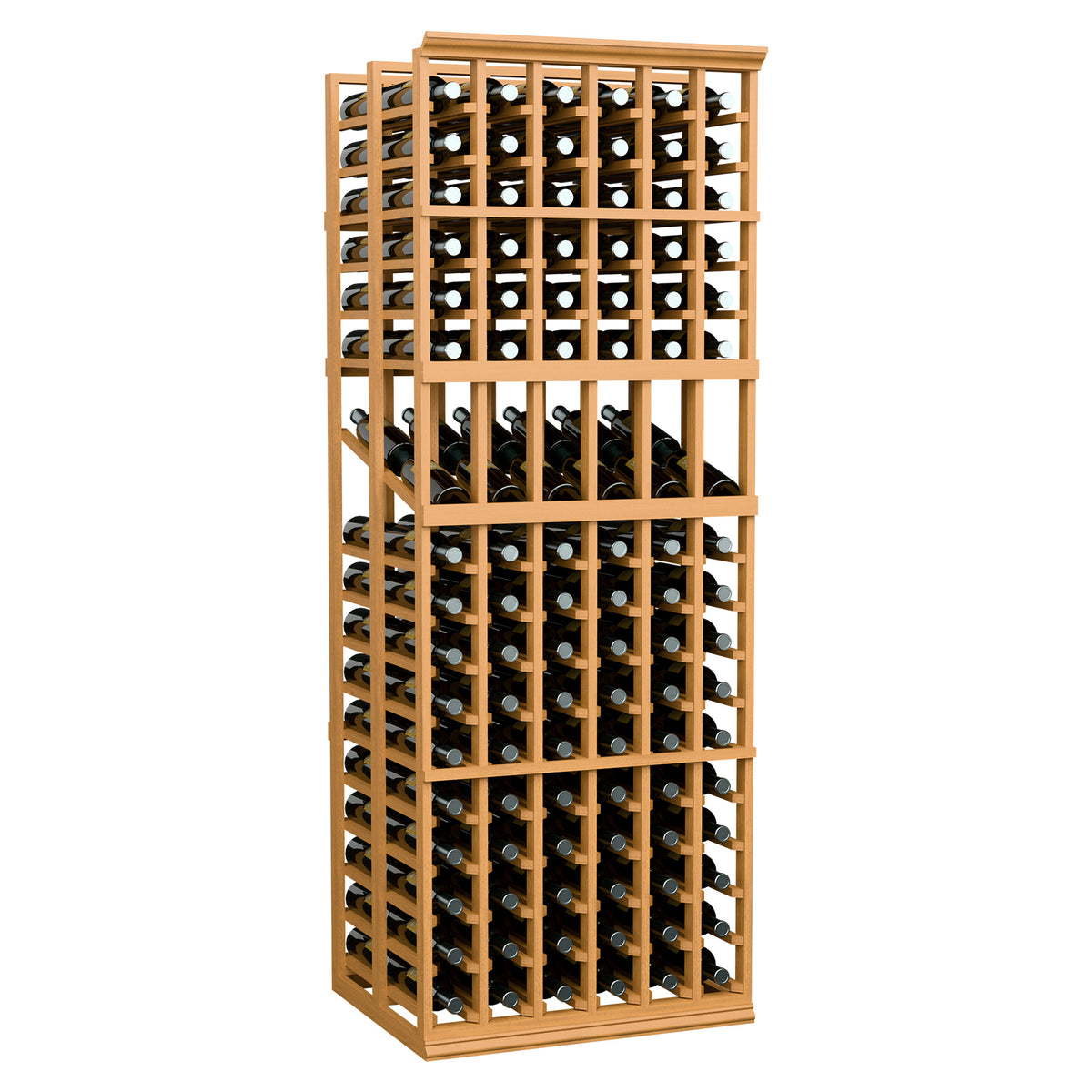 6-column double deep wine display rack with open grid holding bottles, light wood
