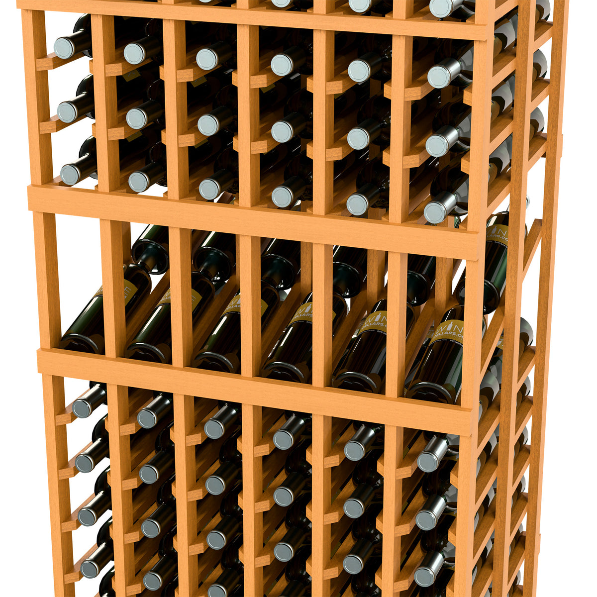 Wine display rack close-up showing bottle cubbies and grid shelves, light wood