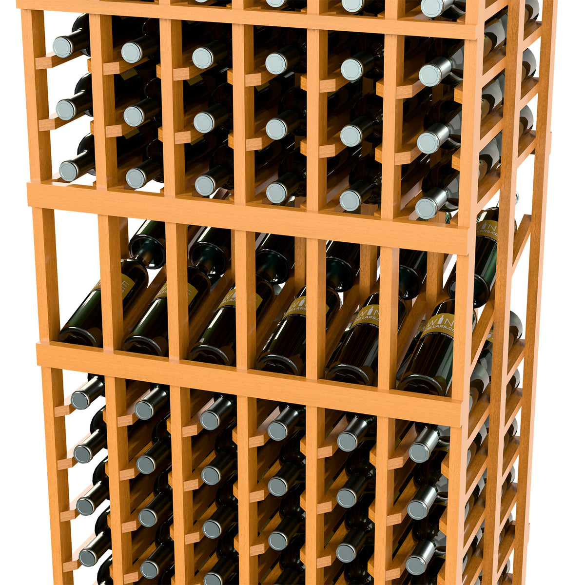 Wine display rack close-up with multiple bottle rows in grid, honey wood