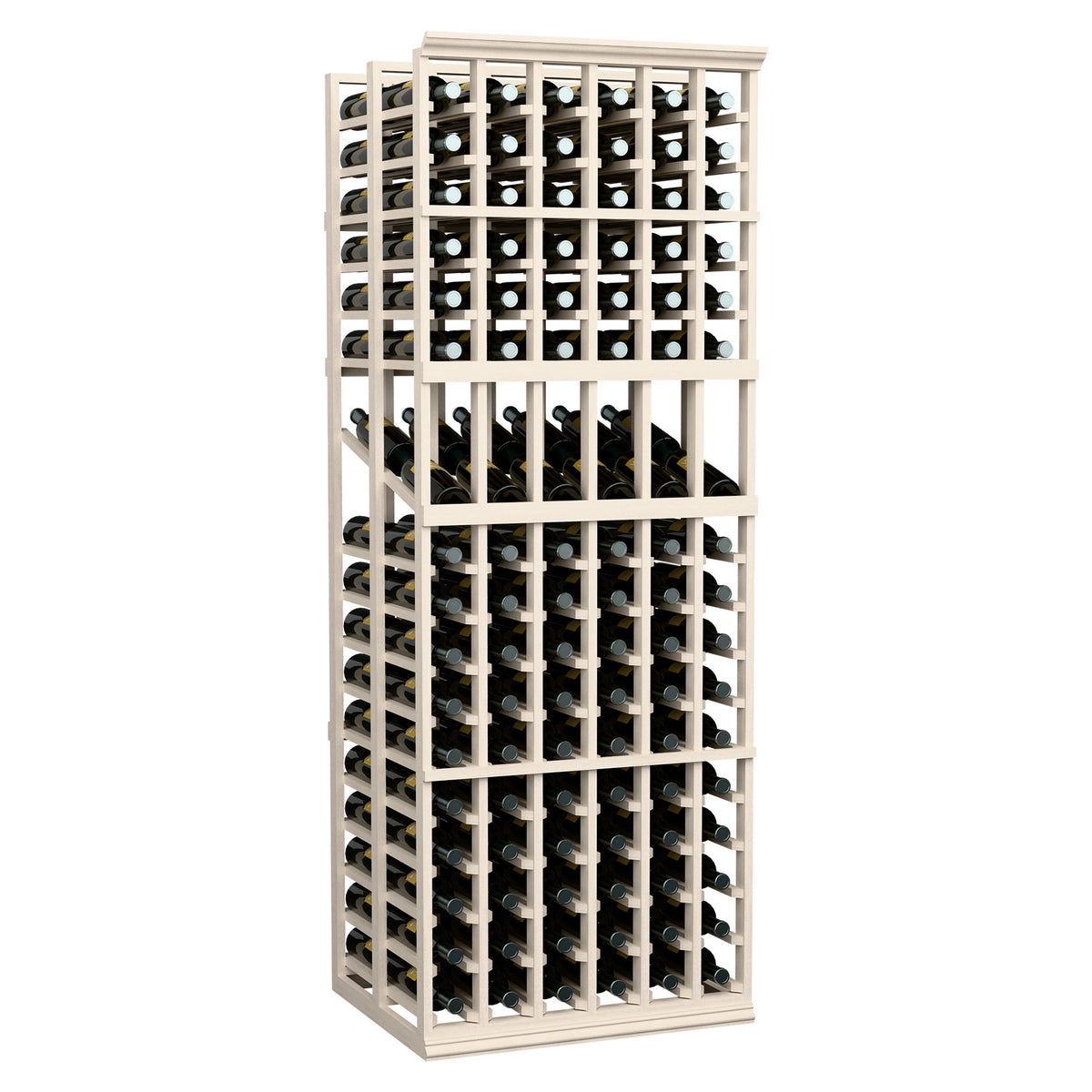 6-column double deep wine display rack with bottle slots, white-washed wood