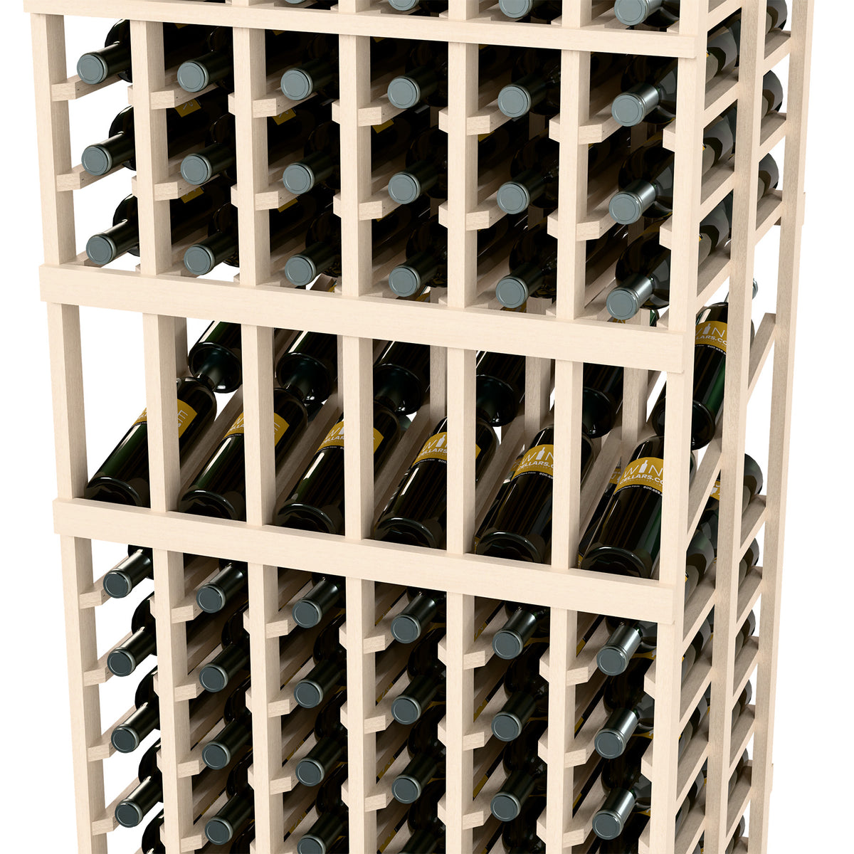 Wine display rack close-up showing bottle cubbies in a white-washed grid