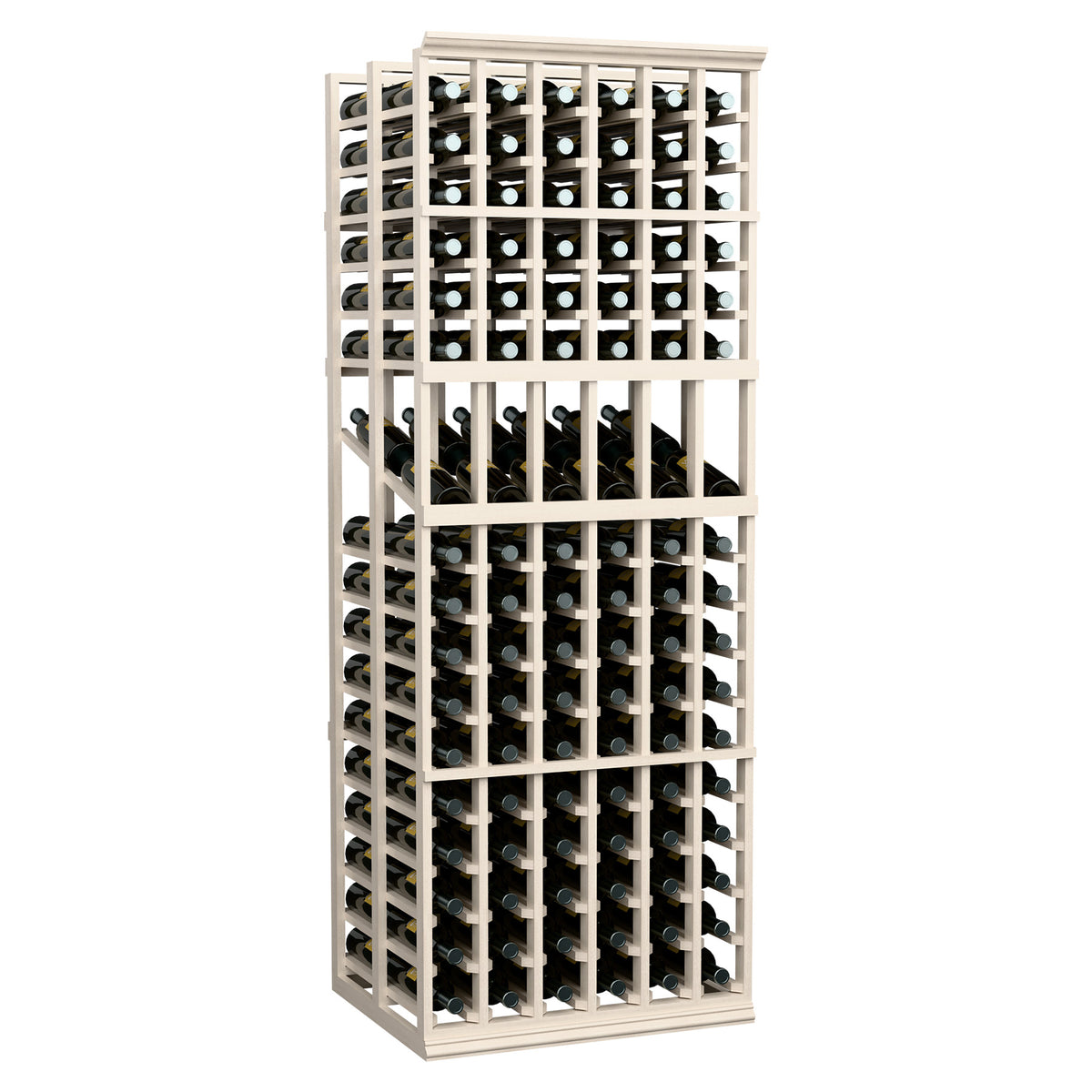 6-column double deep wine display rack with open grid holding bottles, white wood
