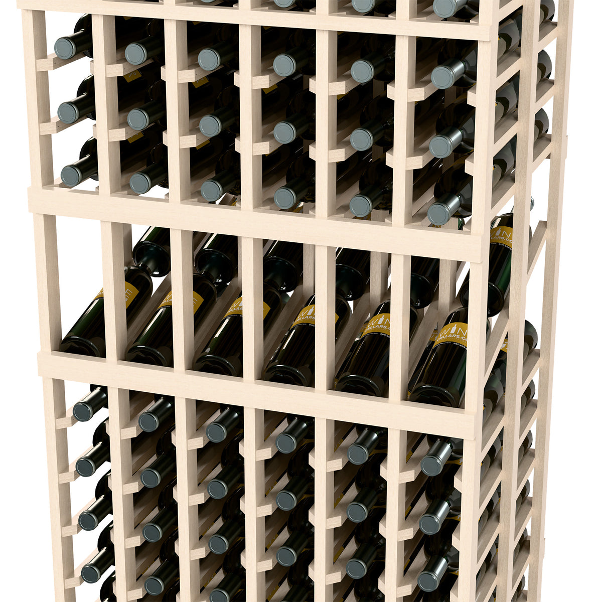 Wine display rack front close-up with bottle rows and grid shelves, white wood