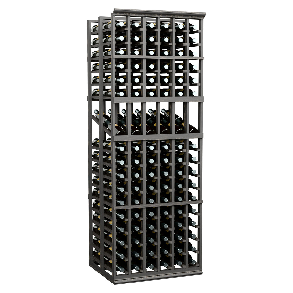 6-column double-deep wine display rack with dark frame and front-facing bottle cubbies