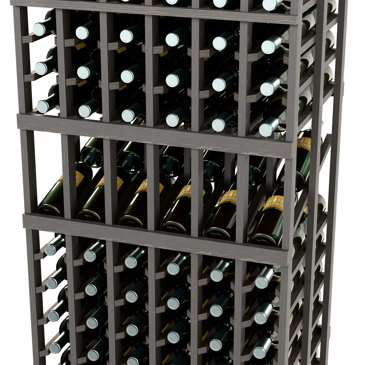 6-column double-deep wine rack close-up of bottle slots on dark wood frame